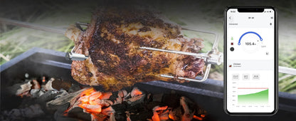 Roast on a grill with a smartphone displaying a cooking app interface.