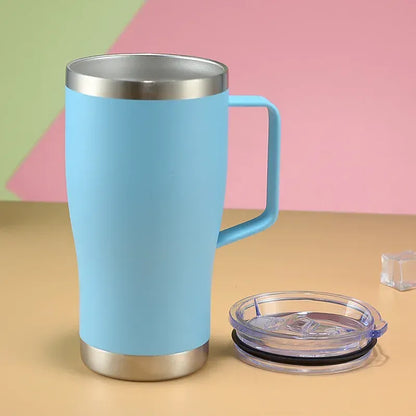 Blue insulated mug with a metal handle and lid on a colorful background