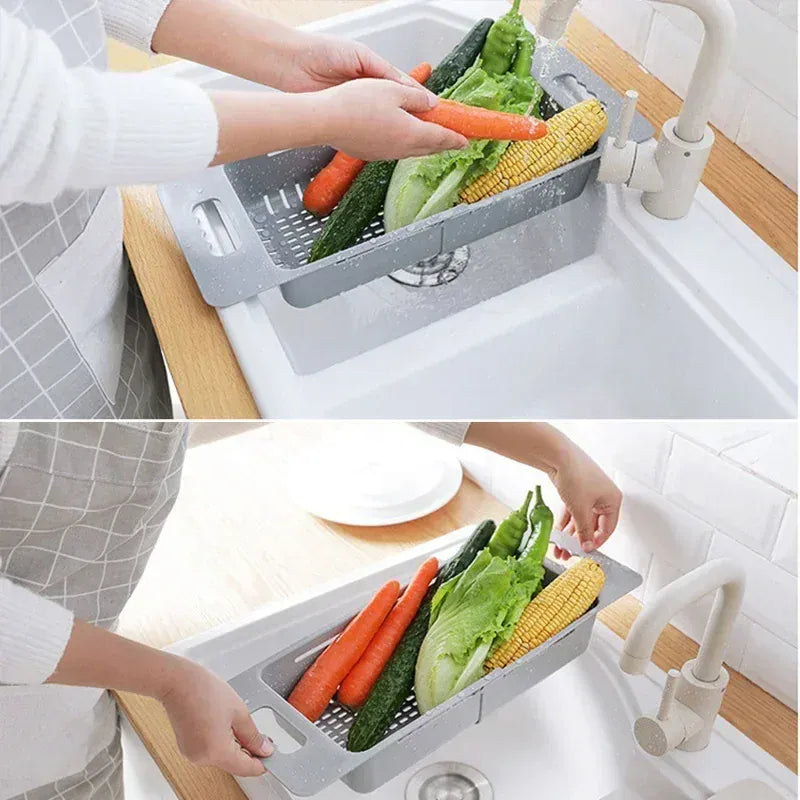Multi-Functional Sink Drain Basket – Expandable Kitchen Organizer for Washing & Drying.