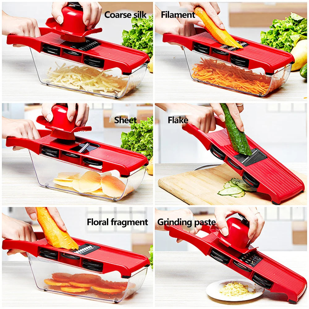 Red mandoline slicer being used on various food items with labeled settings.