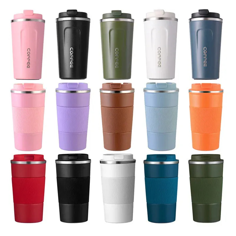 Collection of colorful travel mugs with 'Coffee' text on a white background