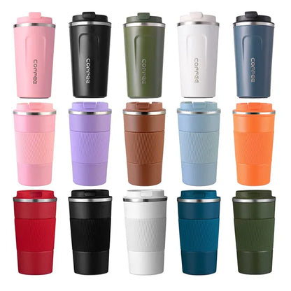 Collection of colorful travel mugs with 'Coffee' text on a white background
