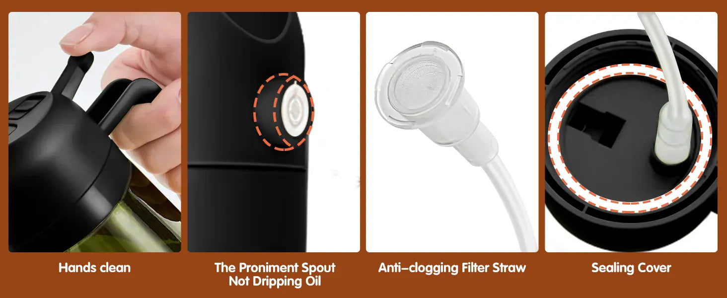 Collage of a black oil diffuser with features highlighted on a brown background