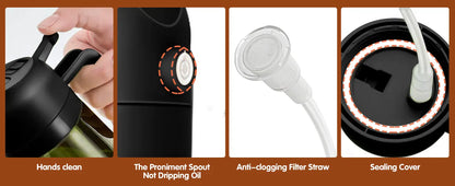 Collage of a black oil diffuser with features highlighted on a brown background