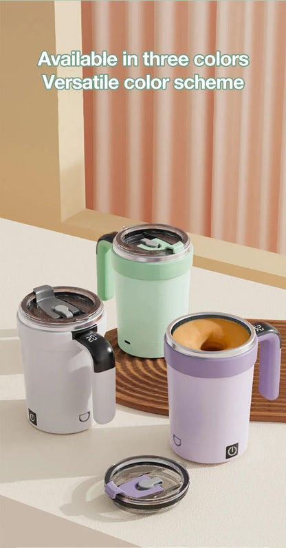 Four insulated travel mugs in different colors on a neutral background