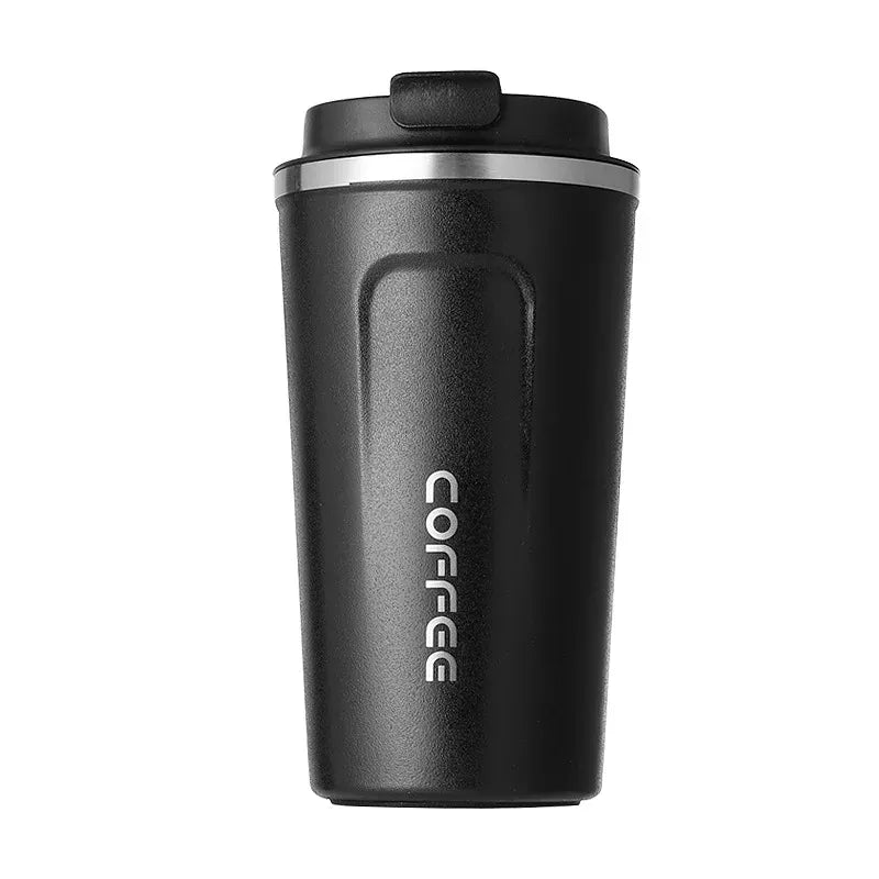 Black coffee tumbler with 'COFFEE' text on a white background