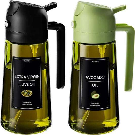 Two olive oil bottles with labels for extra virgin olive oil and avocado oil on a white background.