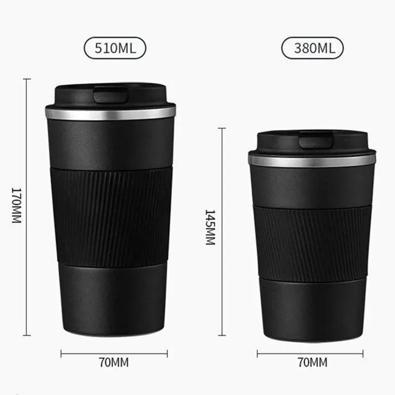 Two black travel mugs with measurements on a white background