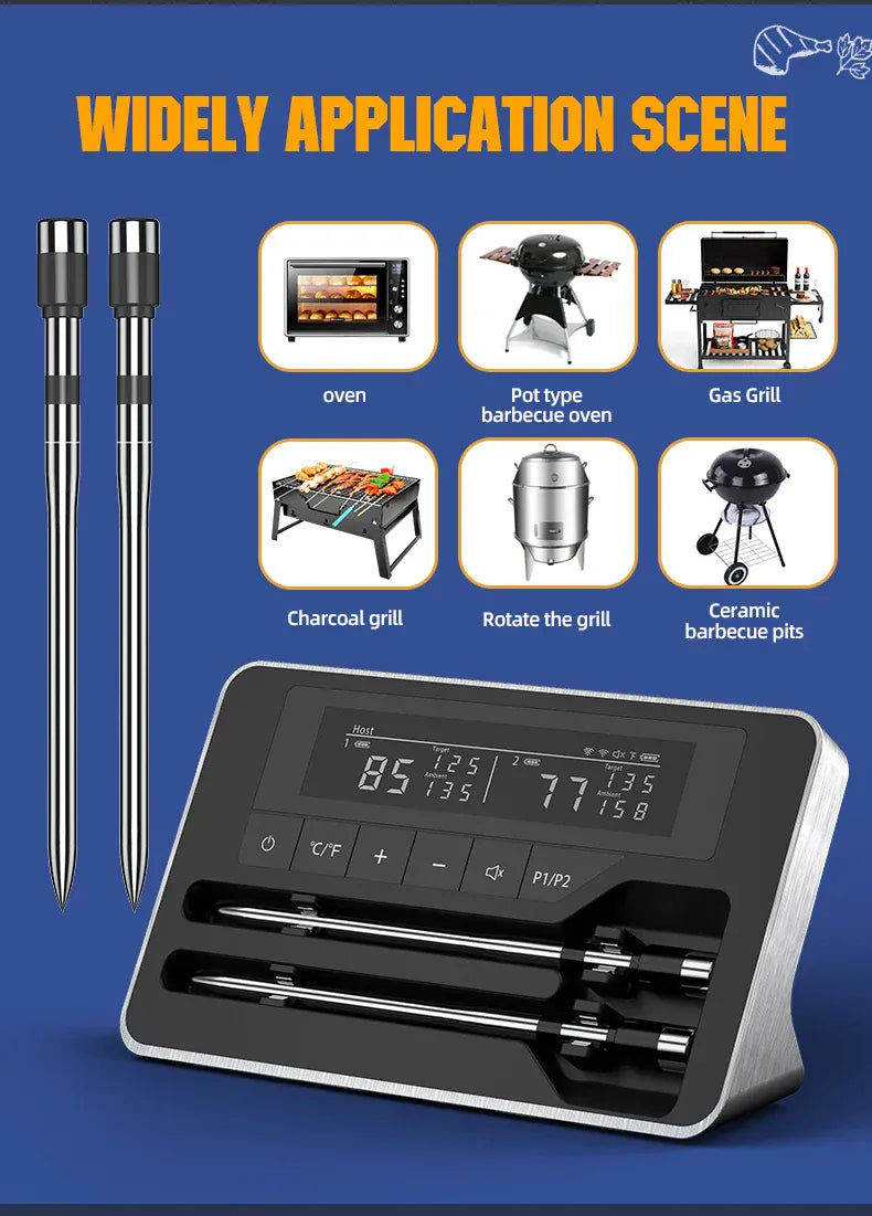 Digital thermometer with skewers on a blue background, showing various cooking equipment.