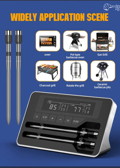 Digital thermometer with skewers on a blue background, showing various cooking equipment.