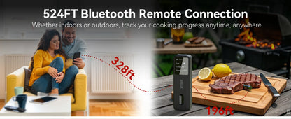 Bluetooth remote control for cooking with a couple using a smartphone and outdoor grill scene.