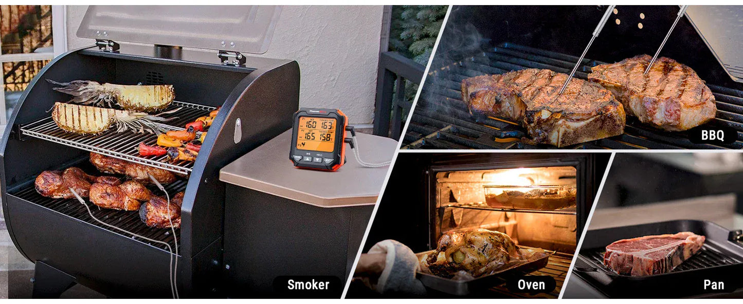 Collage of a smoker, oven, and pan with food being cooked.