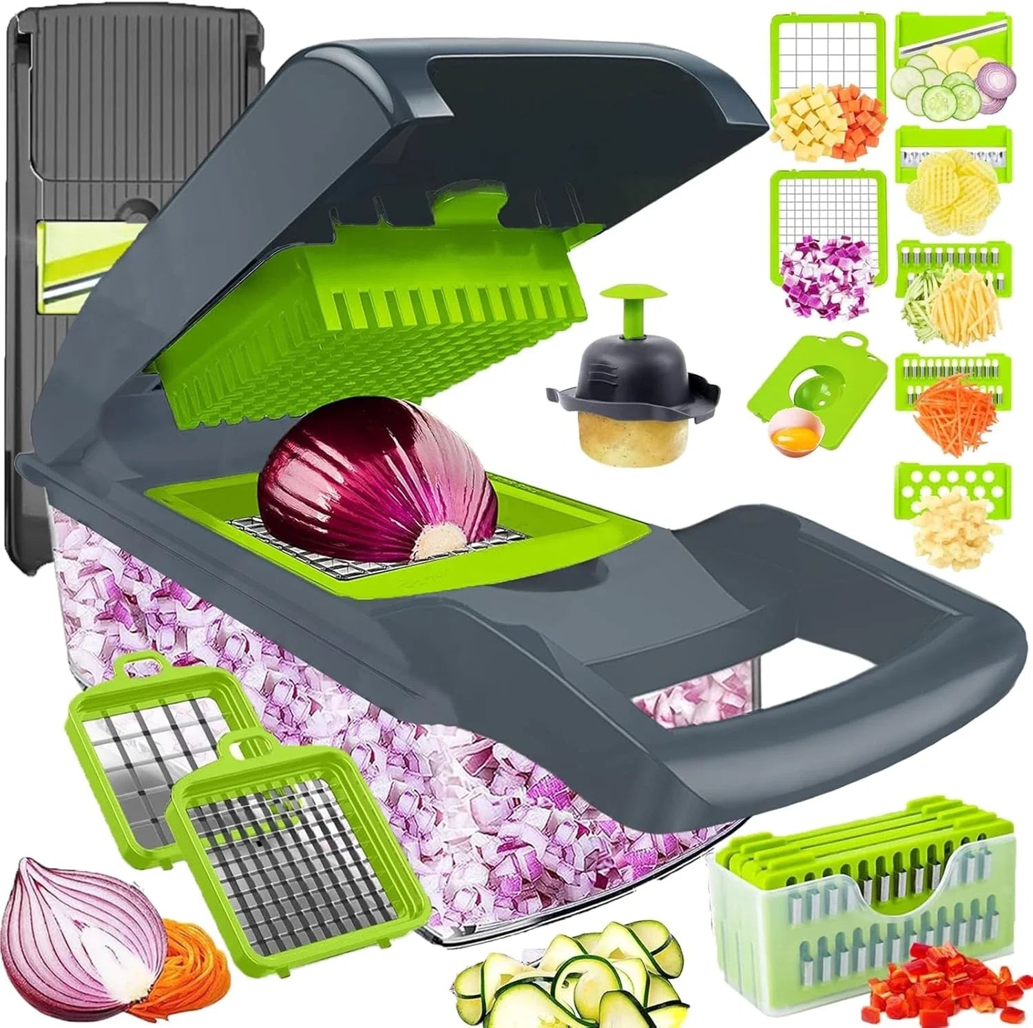 Vegetable chopper with attachments and chopped vegetables displayed on a white background