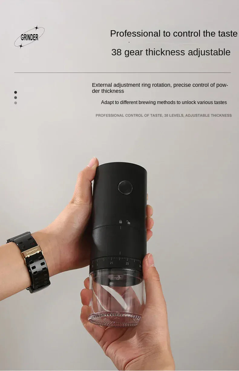 Hand holding a black and clear coffee grinder with text on taste control and gear thickness.