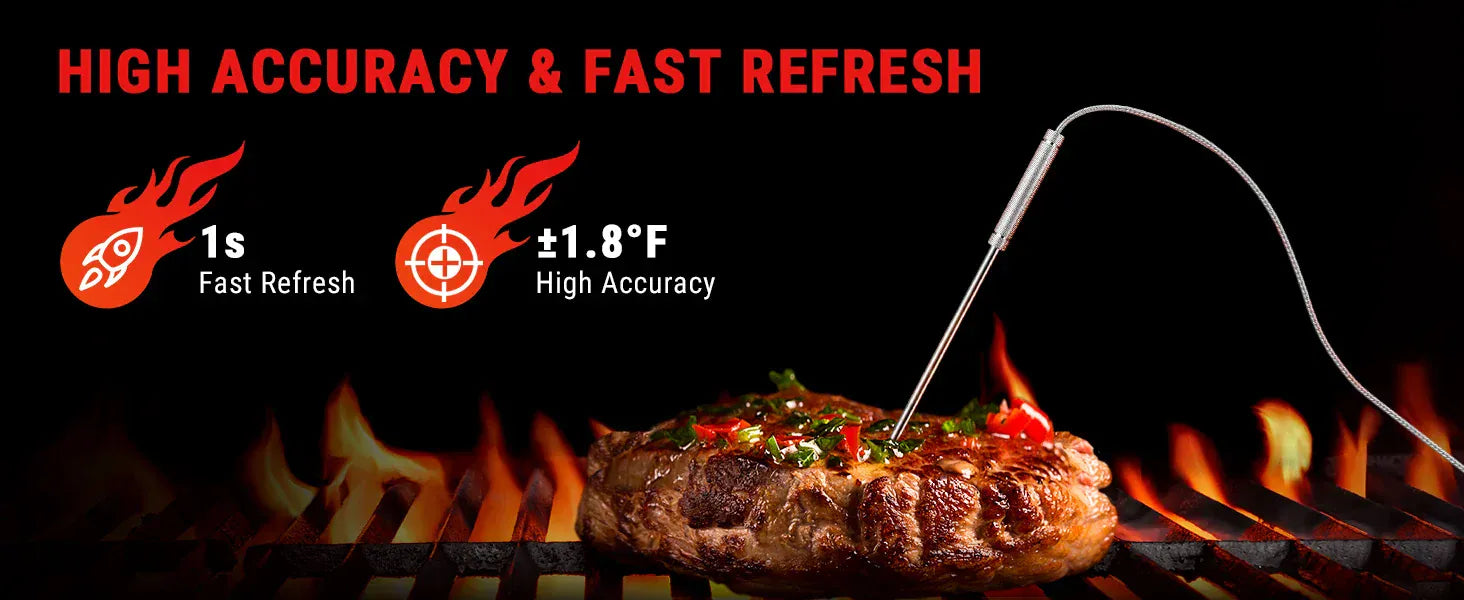 Grilled steak with temperature probe on a grill, featuring text about high accuracy and fast refresh.