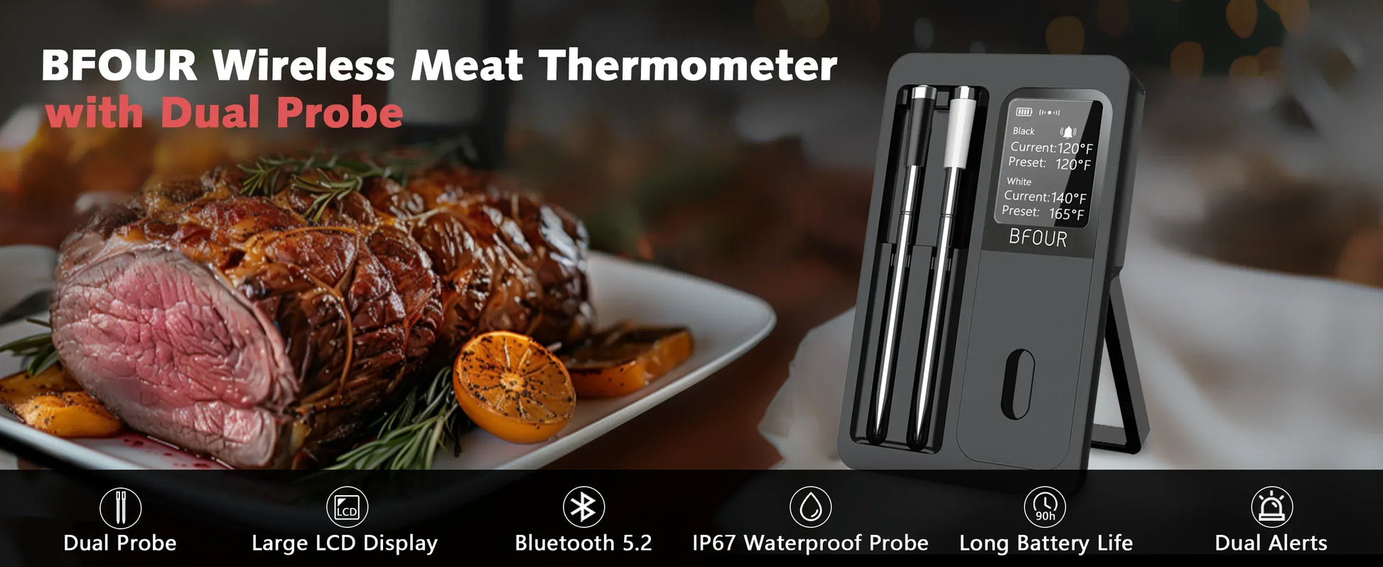 BFOUR Wireless Meat Thermometer with Dual Probe displayed next to a cooked roast on a plate.