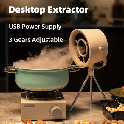 Desktop vaporizer with steam coming out, placed on a stove with text indicating USB power supply and adjustable gears.