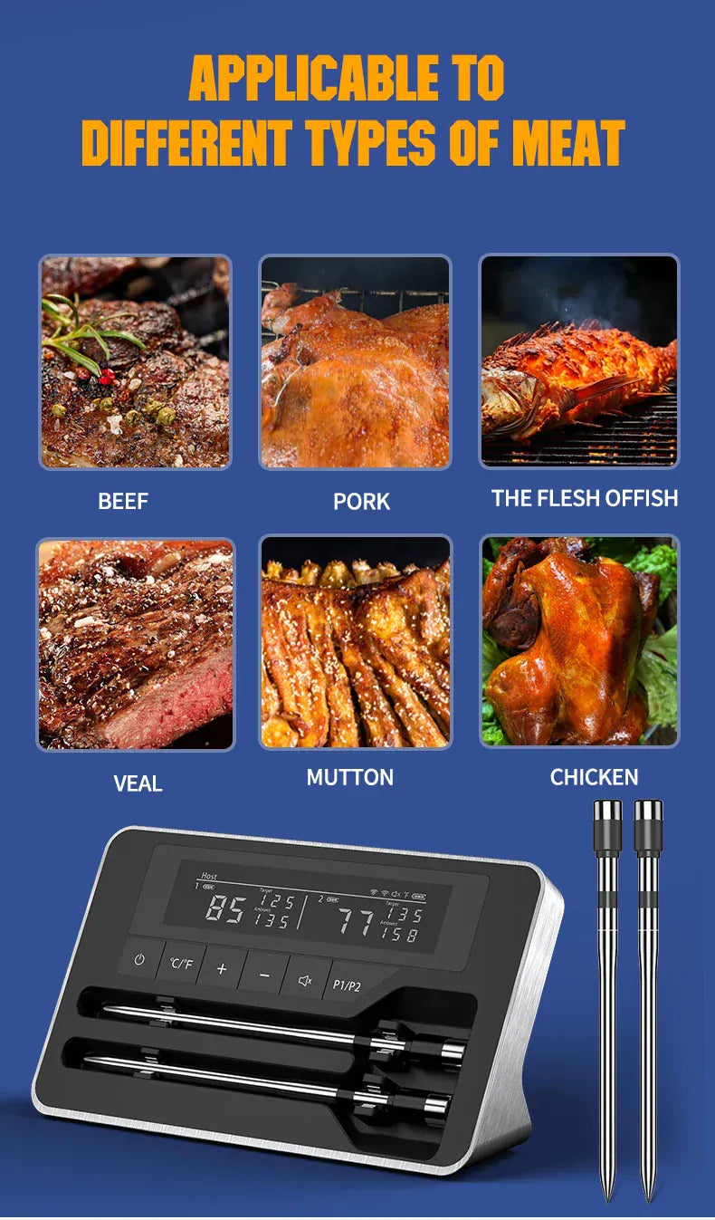Digital meat thermometer with cooking times displayed on a blue background