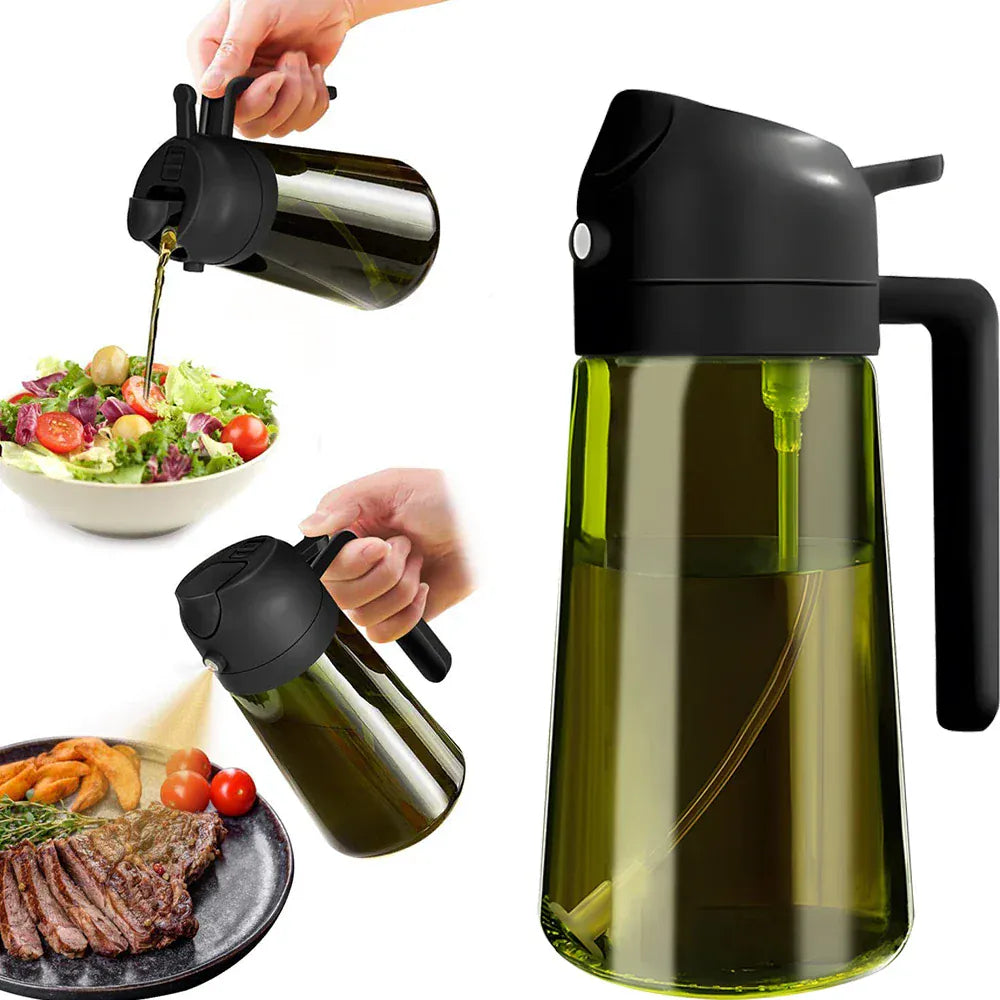 Oil and vinegar dispenser with a salad and steak on a white background