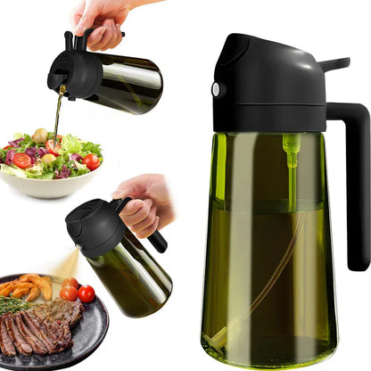 Oil and vinegar dispenser with a salad and steak on a white background
