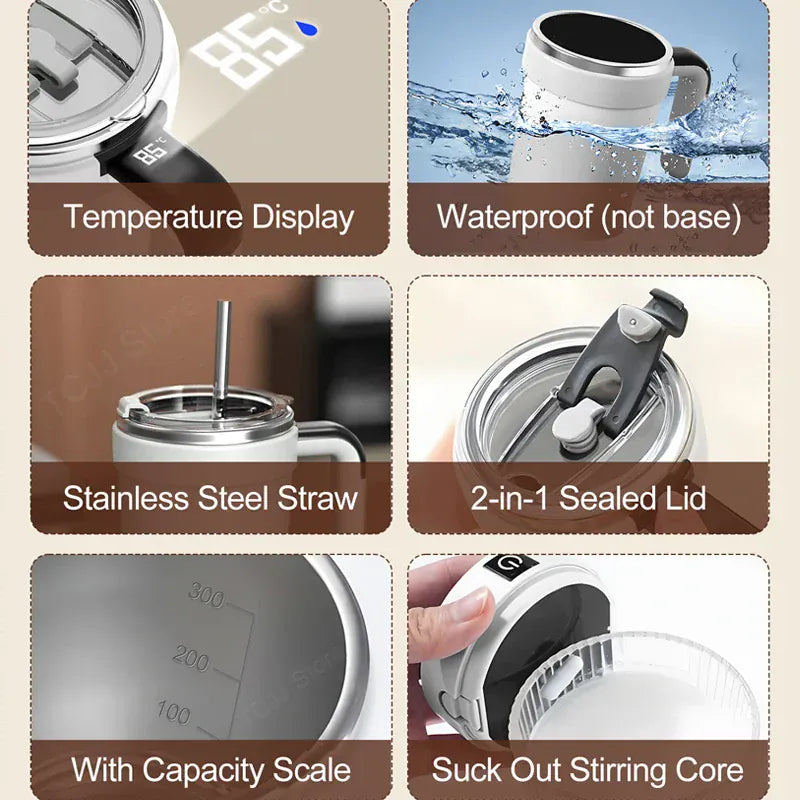 Collage of features including temperature display, waterproof design, stainless steel straw, 2-in-1 sealed lid, capacity scale, and suck-out stirring core.