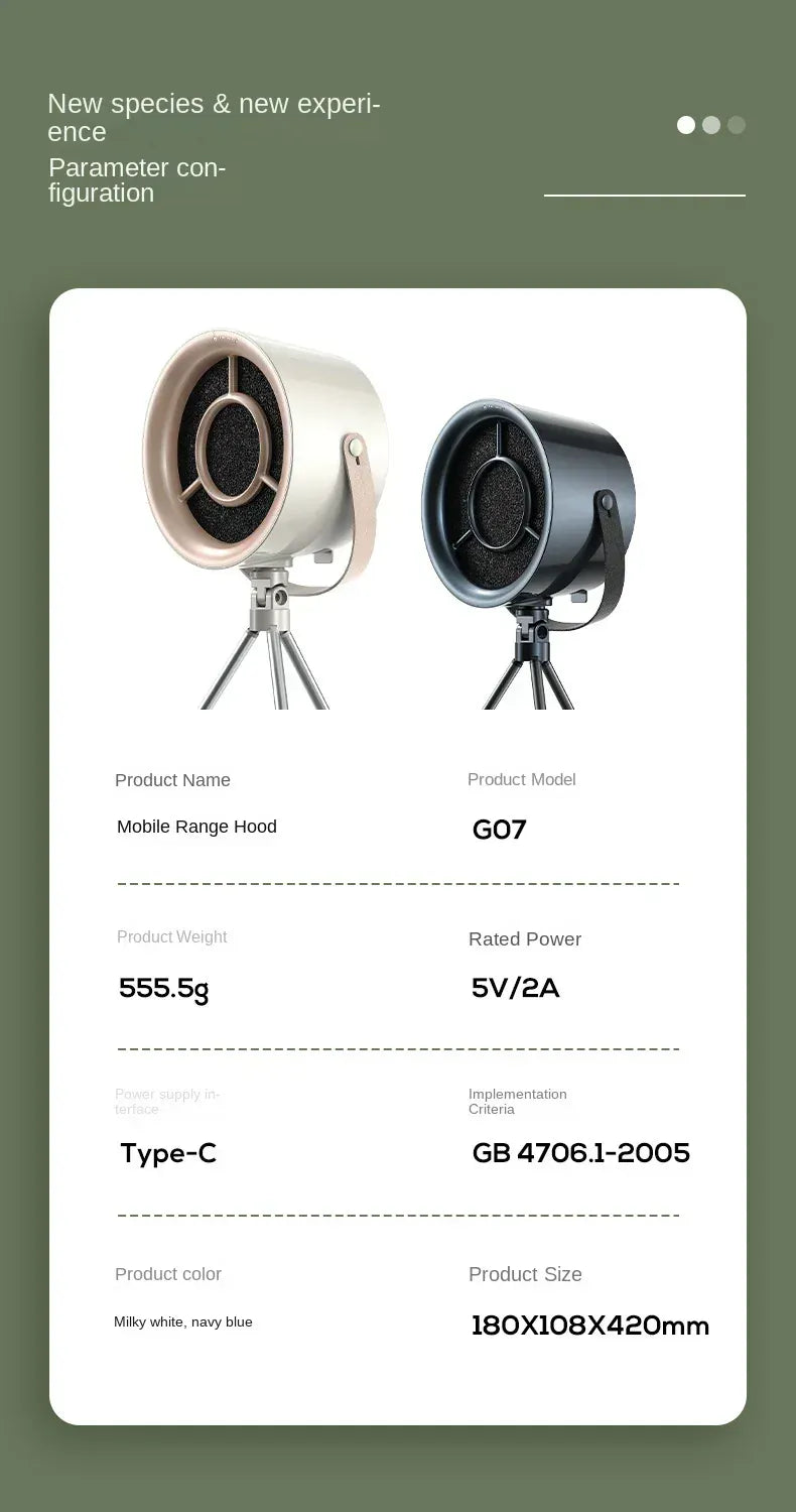 Product details of a mobile range hood on a green background