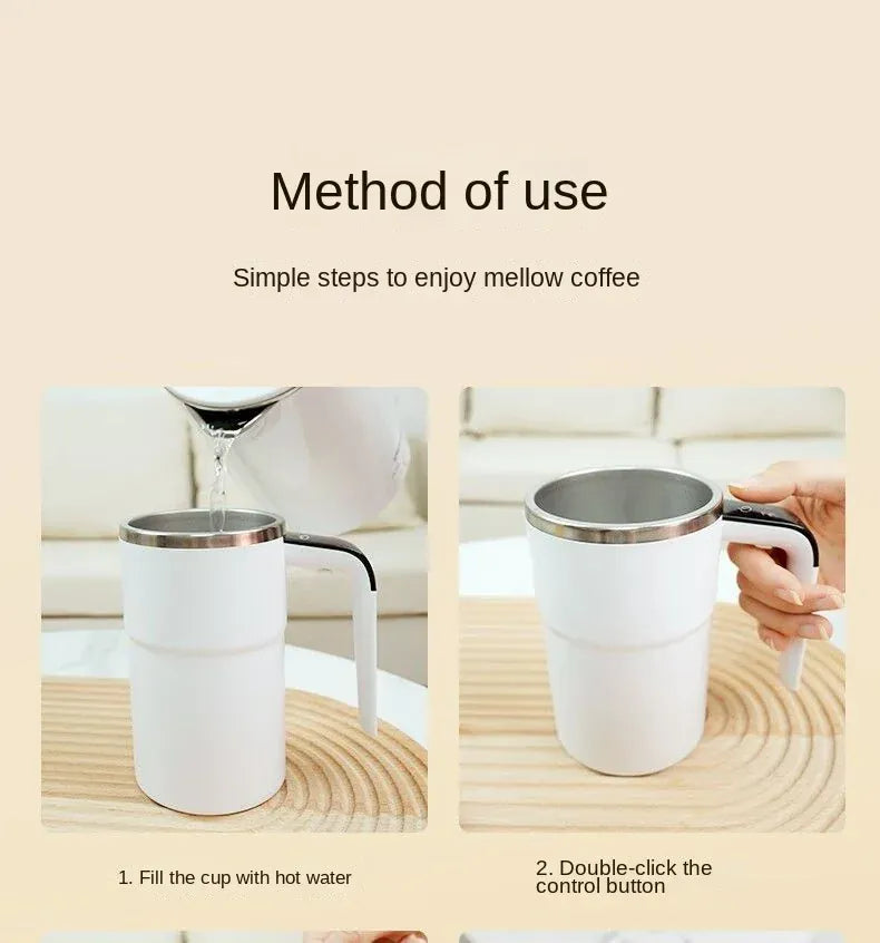 Instructions for using a white coffee cup with a handle on a beige background