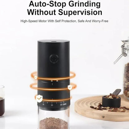 Black coffee grinder with text about auto-stop grinding and high-speed motor on a white background