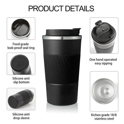 Black travel mug with features highlighted on a white background