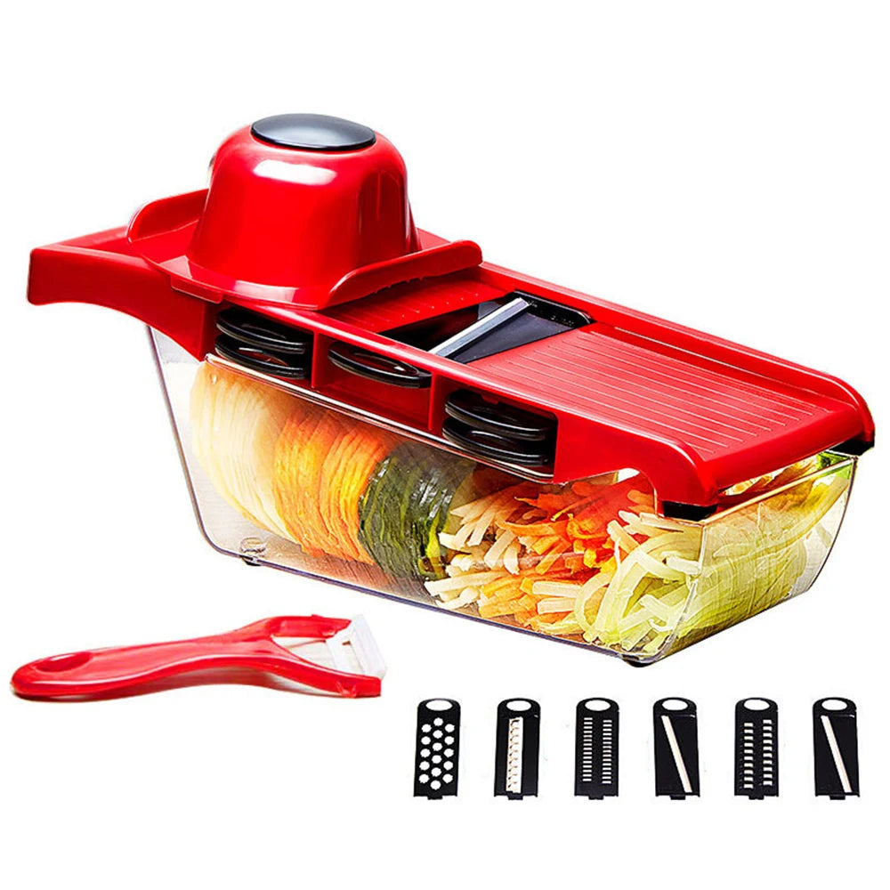 Red mandoline slicer with various attachments and sliced vegetables on a white background