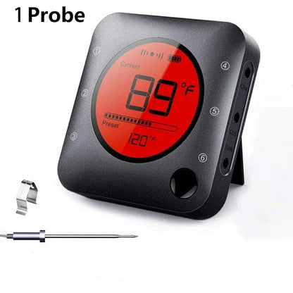 Digital thermometer with probe on a white background