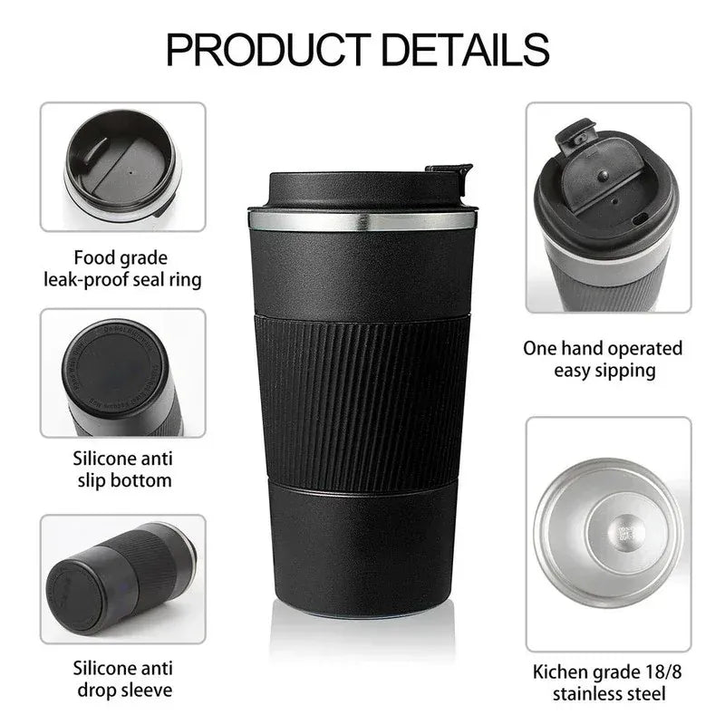 Black travel mug with features highlighted on a white background