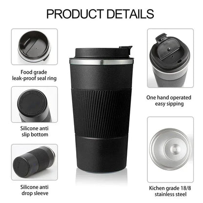 Black travel mug with features highlighted on a white background