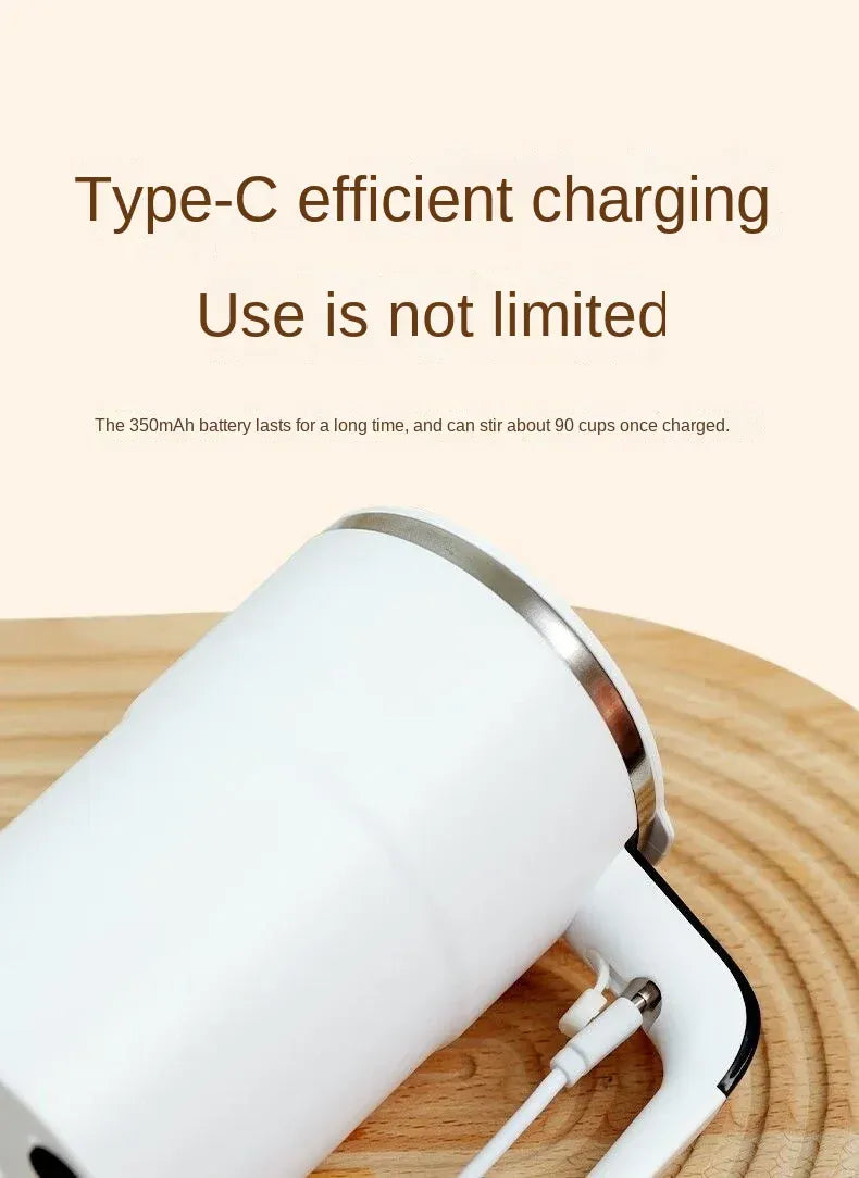 White electric hair dryer with Type-C charging cable on a wooden surface, text about efficient charging.