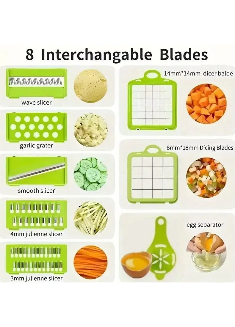 Set of interchangeable blades for a kitchen tool with various uses and images of food items.