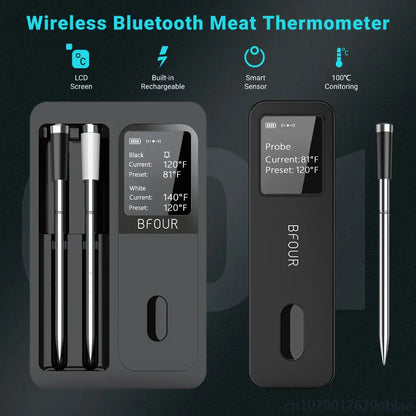 Wireless Bluetooth meat thermometer with probe and display on a dark background
