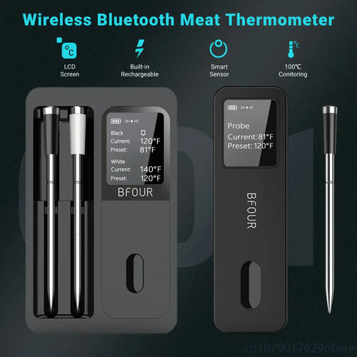 Wireless Bluetooth meat thermometer with probe and display on a dark background