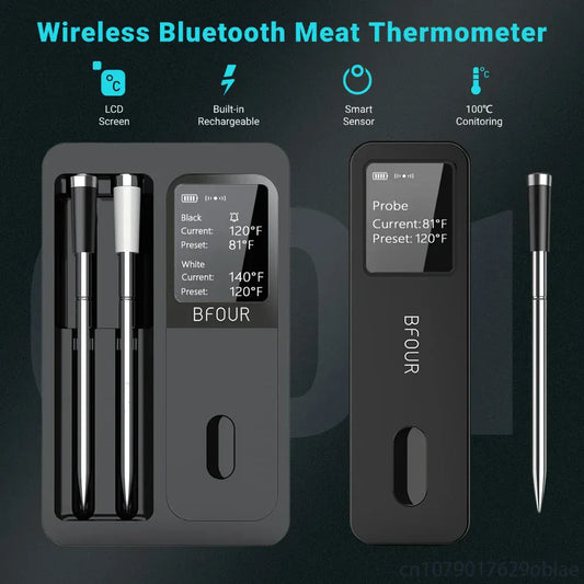 Wireless Bluetooth meat thermometer with probe and display on a dark background