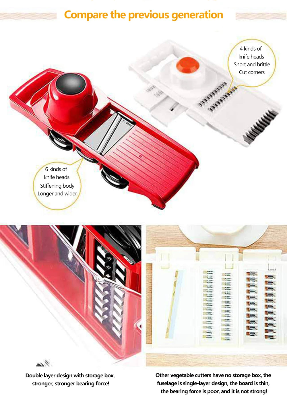 Red vegetable slicer with features highlighted on a white background