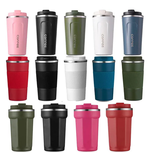Collection of colorful travel mugs with 'Coffee' text on a white background