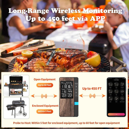 Grilled food on a barbecue with wireless monitoring system features displayed.