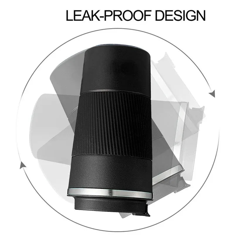 Black and silver cylindrical object with 'LEAK-PROOF DESIGN' text on a white background