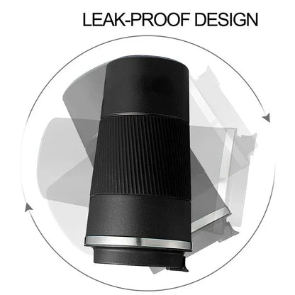 Black and silver cylindrical object with 'LEAK-PROOF DESIGN' text on a white background