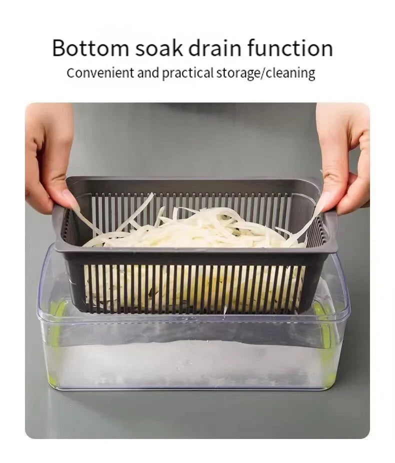 Vegetable cleaning device with bottom soak drain function on a gray background