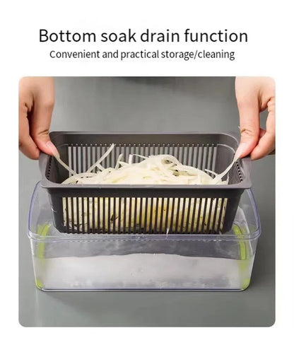 Vegetable cleaning device with bottom soak drain function on a gray background