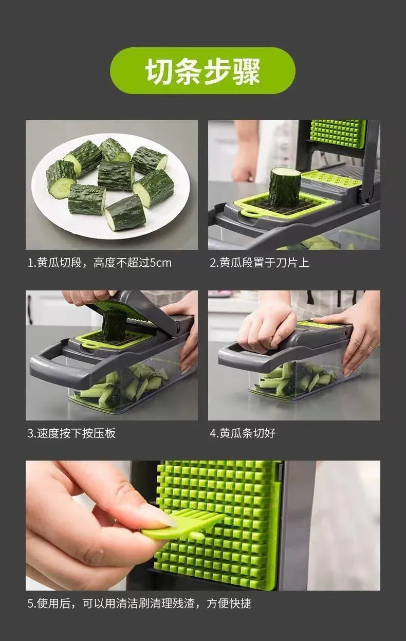 Step-by-step demonstration of using a vegetable chopper with images and text instructions.