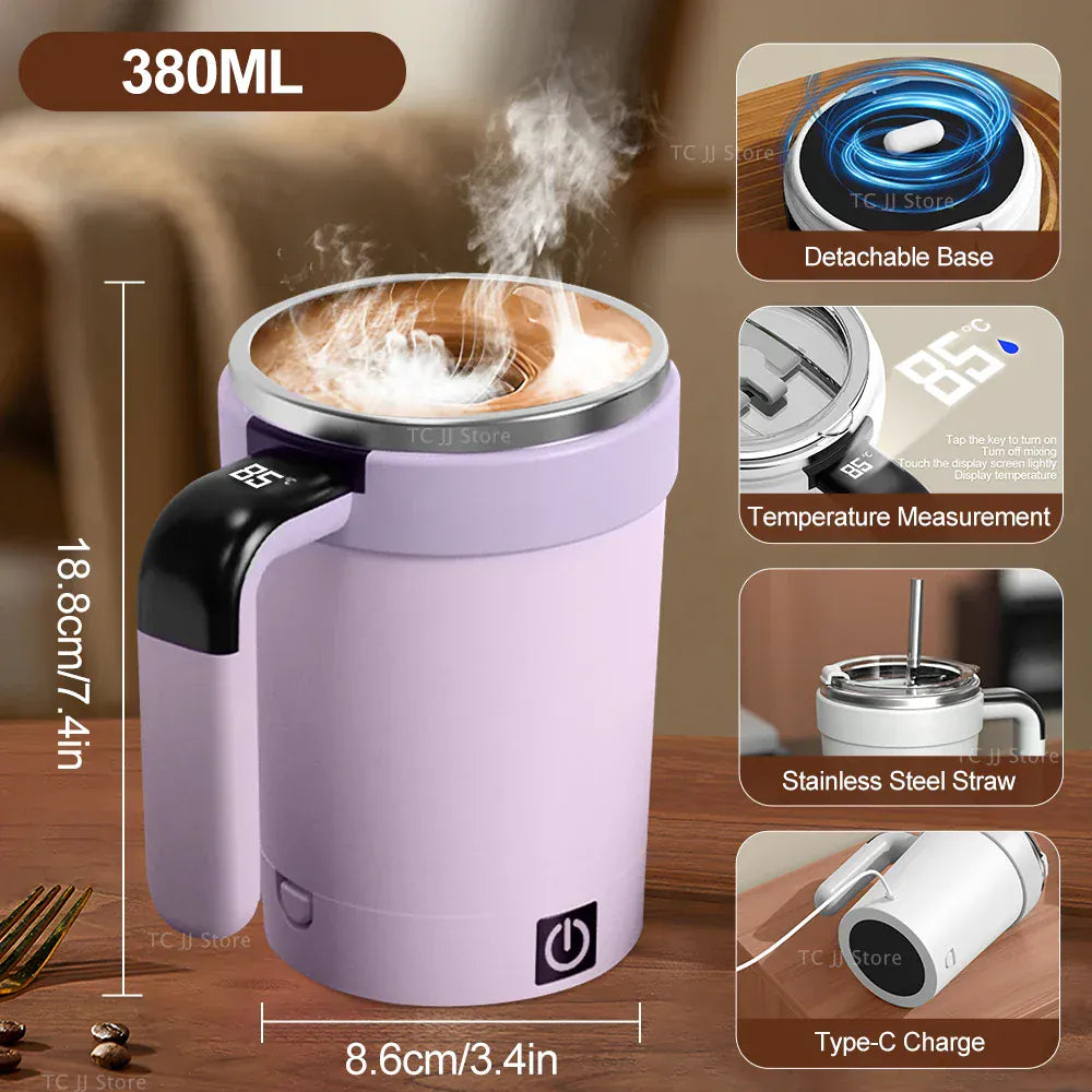 Purple thermos mug with steam, features highlighted on a wooden surface