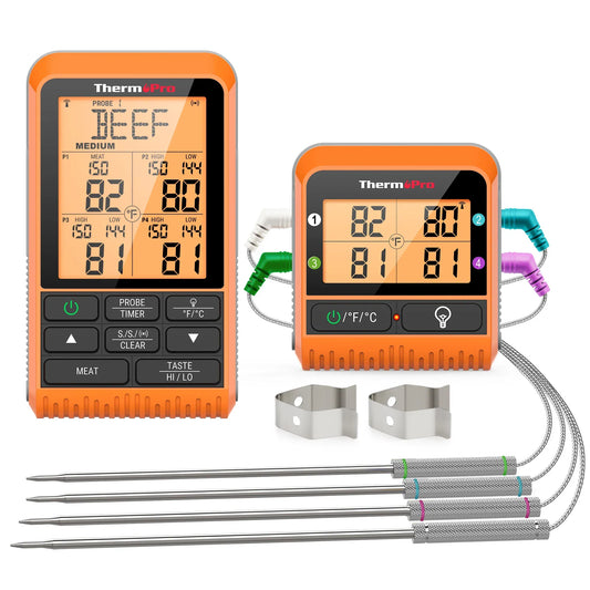 Two digital meat thermometers with probes on a white background