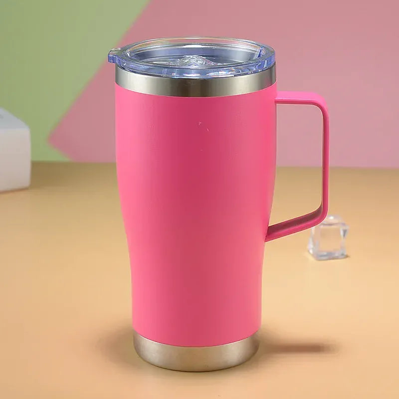 Pink insulated mug with a handle on a colorful background
