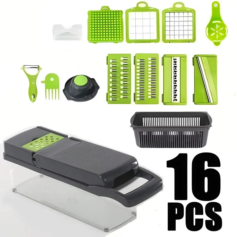 16-piece kitchen tool set with a mandoline slicer and various attachments on a white background.